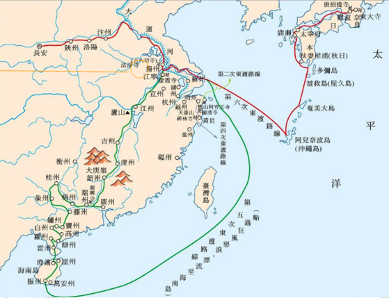 鉴真东渡日本的方式，路线和耗时