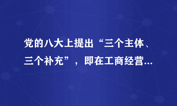 党的八大上提出“三个主体、三个补充”，即在工商经营方面，以国家经营和集体经营为主，附有一定数量的个