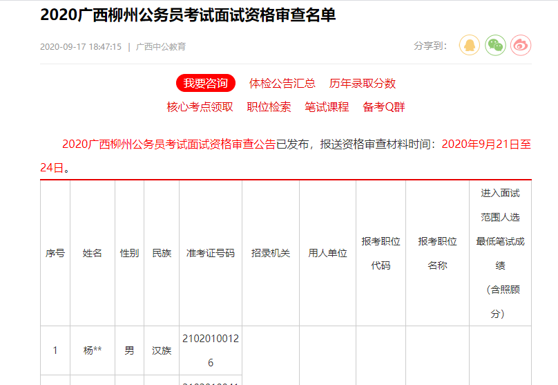 广西公务员面试名单2020