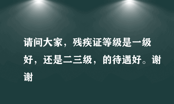 请问大家，残疾证等级是一级好，还是二三级，的待遇好。谢谢